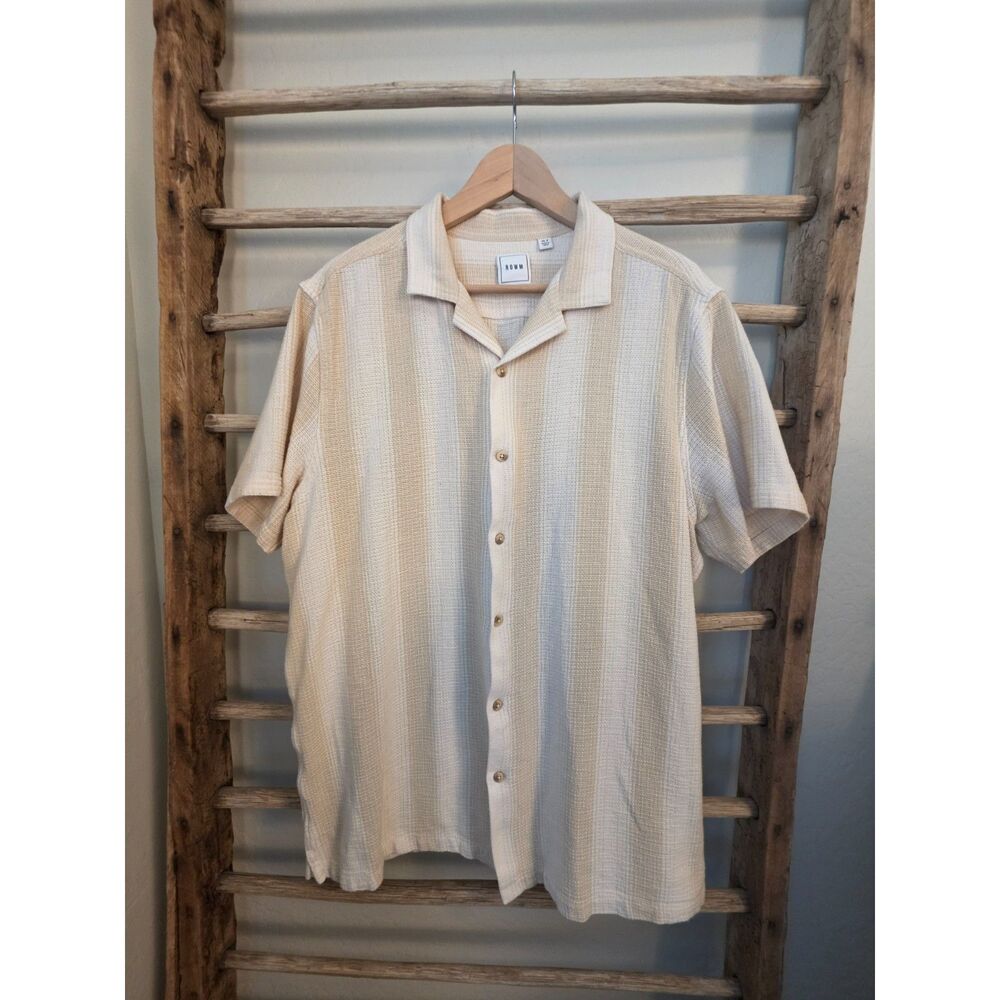 ROWM Men’s XLT Tall Textured Stripe Camp Collar Shirt 100% Cotton Cream